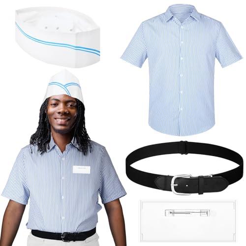 Seenelling 4 Pcs Burger Costume Striped Shirt Disposable Cook's Cap Belts Blank Badge for Men Women Halloween Movie Cosplay(L)