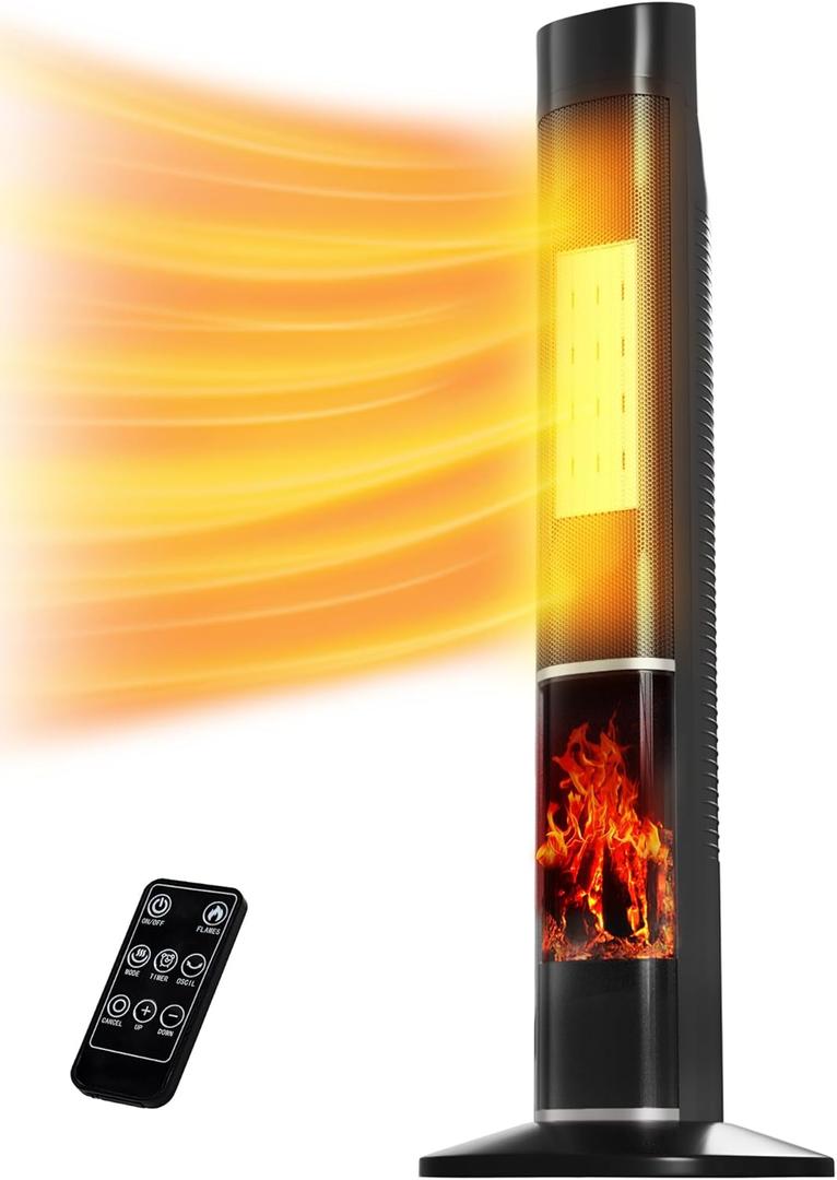 Space Heaters for Indoor Use, 32" Electric Heater With Flame for 400 Sq.ft Large Room, 1500W Portable Tower Ceramic Room Heater With 24 H Timer, Remote, 80Oscillation, 3 Modes for Bedroom