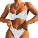 SOLY HUX Women's Floral Lace Sheer Underwire Bralette Bra and Panty Lingerie Set, X-Large (Pure White)
