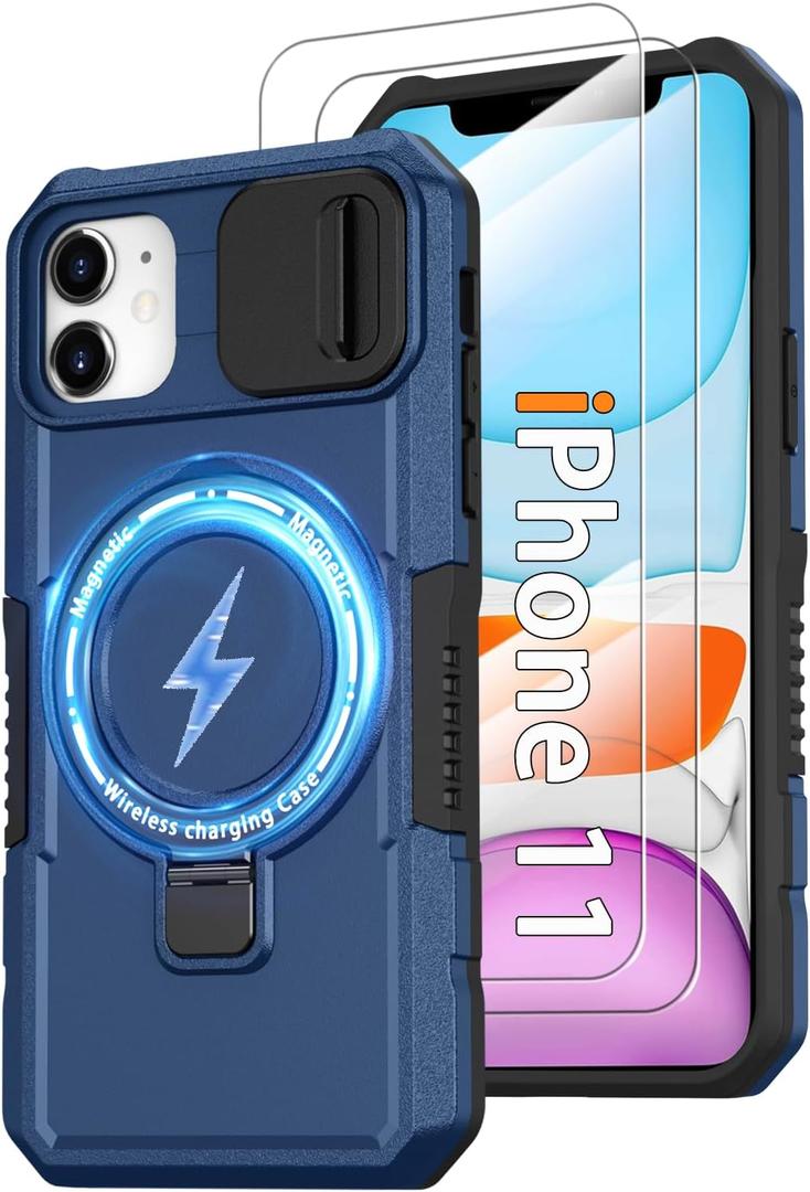 Phone Case for iPhone 11, with Magnetic Ring Stand [2X Glass Screen Protector] [Compatible with MagSafe] Military Grade Case with Camera Cover, Shockproof Cover for iPhone 11 6.1 inch, Blue
