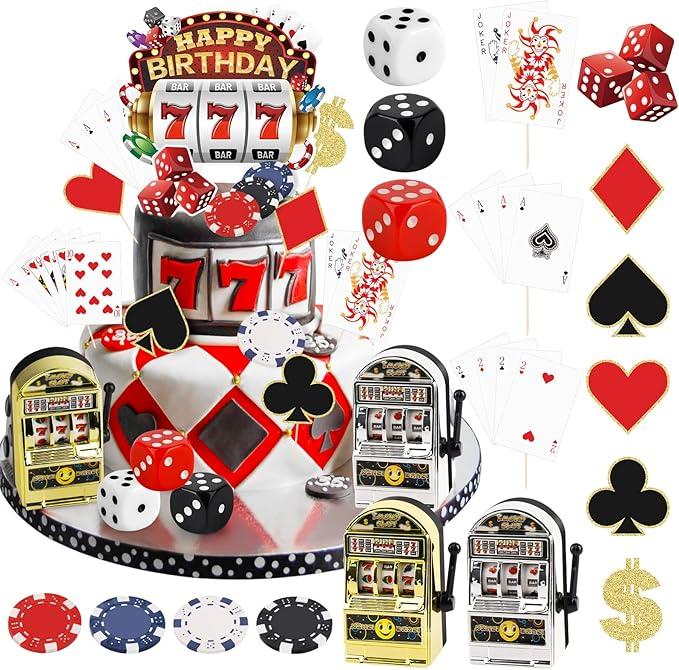 Hooqict 24 Pieces Casino Cake Decorations Set with Mini Toy Slot Machine Poker Casino Cake Toppers & Cupcake Toppers for Las Vegas Casino Night Theme Birthday Party Decorations