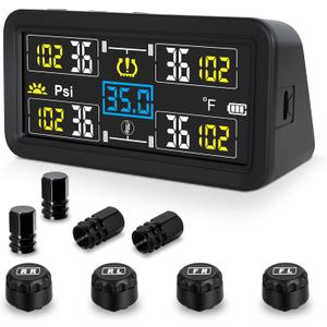 Tire Pressure Monitoring System, TPMS Tire Pressure Monitor with Solar Charge &USB, TPMS with 4 Sensors &6 Alarm Modes 0-9.9BAR/144PSI &Real-time Color LCD Display for RV/Trailer/Truck/SUV