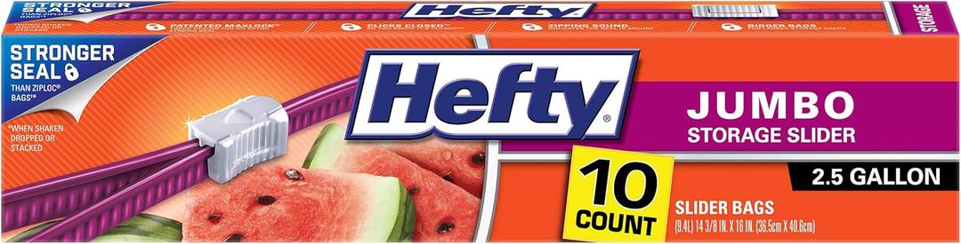Hefty Slider Jumbo Storage Bags, 2.5 Gallon Size, 10 Count (Pack of 9), 90 Total