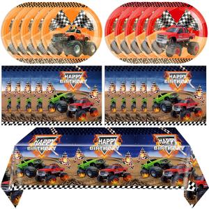 41Pcs Monster Truck Birthday Party Tableware Set for Boys and Men Truck Napkins, Plates and Tablecloth. Racing Car Theme Party Boys Birthday Baby Shower Supplies