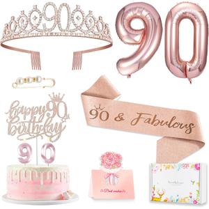 90th Birthday Decorations Gifts for Women, Including 90 year old Birthday Cake Topper, Queen Sash with Pearl Pin, Sweet Rhinestone Tiara Crown, Number Candles and Balloons Set, Rose Gold
