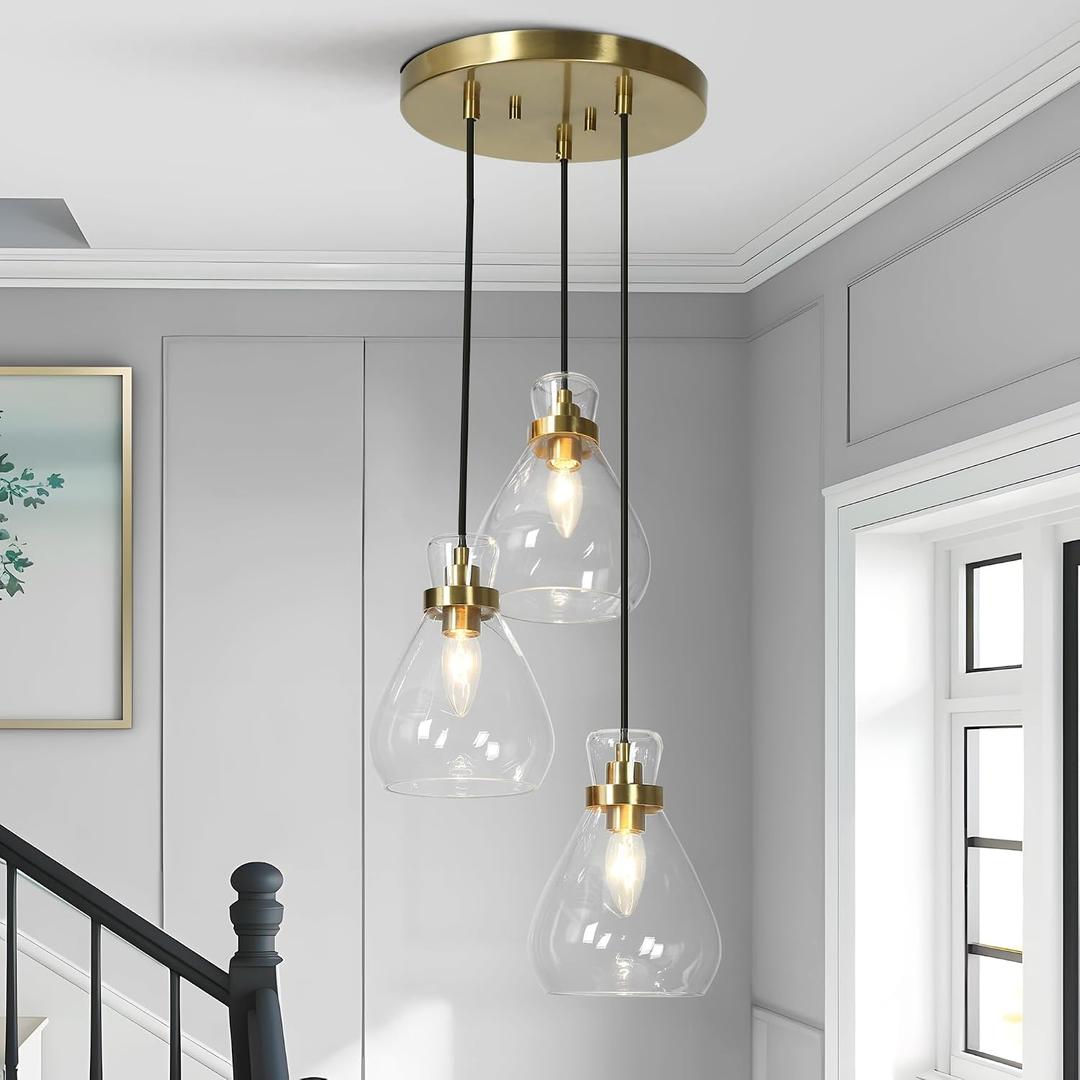 KSANA Modern Gold Pendant Lights, 3 Light Cluster Chandelier Kitchen Island Pendant Lights with Glass Shade Dining Room Chandelier for Hallway Entryway Bedroom Foyer, 16" diameter, 68.5" height