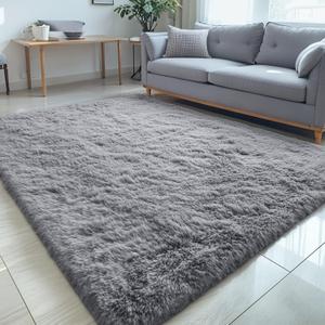 OLANLY 5x6 Area Rugs for Living Room Bedroom, Machine Washable Soft Fluffy Shaggy Bedside Rug, Indoor Floor Carpet for Kids Girls and Boys, Dorms, Nursery Rooms, Home Decor Aesthetic, Light Grey