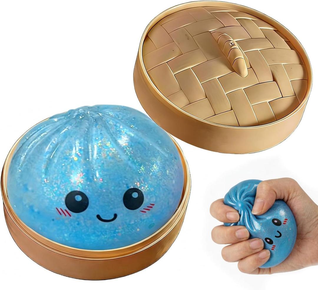 Dumpling Squishies Toy, Giant Glitter Dumpling, Colorful Steamed Bun Stress Balls Fidget Sensory Toy,Jumbo Squishy Toy with Steamer Box,Soft Squeeze Decompression Dough (Glitter Blue)