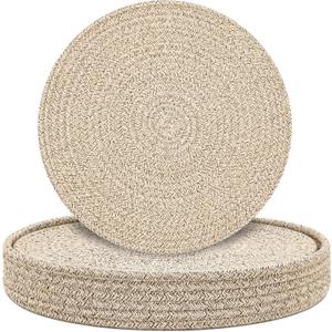 Round Placemats Set of 6 with Holder, Cotton Rope Woven Place Mats, Hot Pads for Kitchen, Heat Resistant Table Mats, 13 Inch Farmhouse Washable Braided Placemat for Kitchen Decor (Brown)