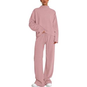 PRETTYGARDEN Women Spring Sweatsuits Two Piece Sets Mock Neck Long Sleeve Knit Tops Wide Leg Pants Lounge Set Travel Outfits (Small, Pink)