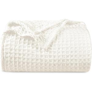 PHF Ultra Soft Waffle Weave Blanket Queen Size 90"x 90"- Washed Lightweight Breathable Cozy Woven Blanket for Bed - Aesthetic Decor for Couch Bedding Sofa Home Car - Coconut White