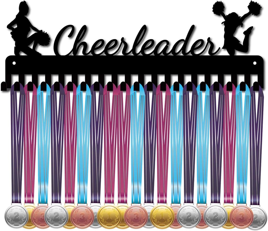 CREATCABIN Cheerleader Medal Holder Display Hanger Rack Sports Metal Wall Mount with 20 Hooks Hang Over 60 Medals Runners Home Badge Running Marathon Gymnastics Black 15.7 x 5.4inch