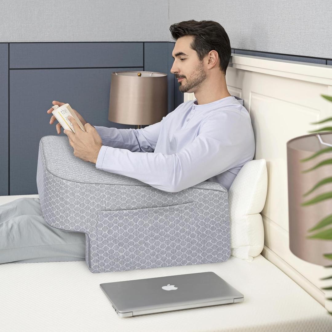 Comfyt Reading Pillow with Foam, Large Lap Desk Pillow with Pocket Arm Rest, Gaming Pillow in Bed and Floor, Sofa Back Support for Sitting Up Relaxation in Bed, with Washable Cover