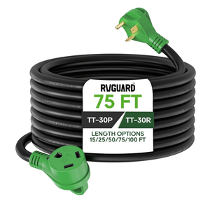 RVGUARD 25 Amp 75 Foot RV Extension Cord, Heavy Duty 10/3 Gauge STW Cord with LED Power Indicator and Cord Organizer, TT-30P/R Standard Plug, Green, ETL Listed
