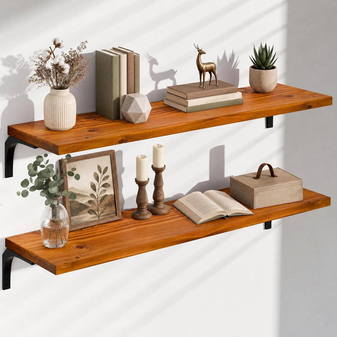 Deep Floating Shelves for Wall 48 Inch Pine Wood, Set of 2, Orange,