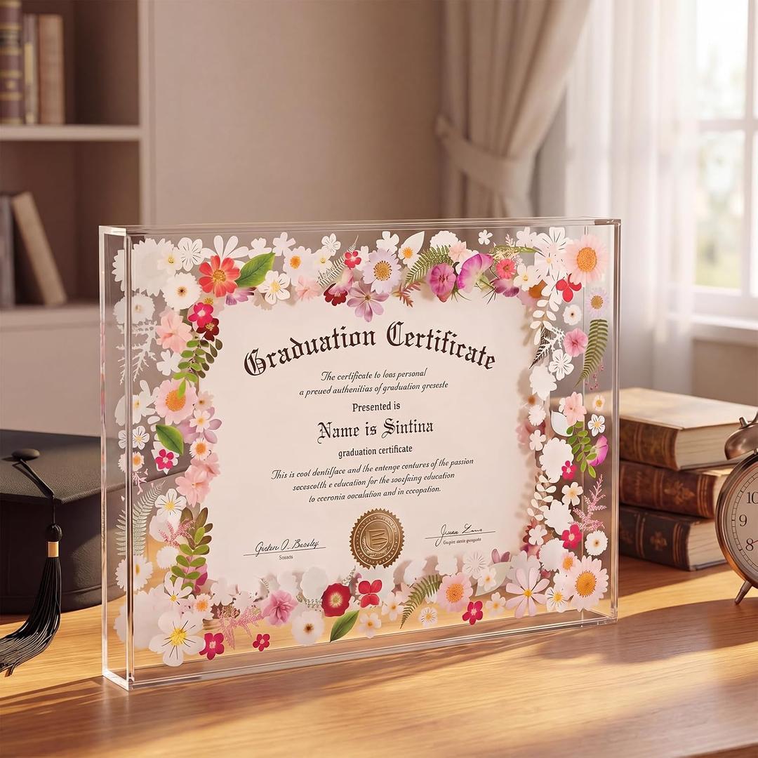 Youyole Floral Graduation Shadow Box Frame Acrylic Diploma Frame Shadow Box Fit 11 x 14'' A4 Diploma Degree Certificate Degree Display Medal Pressed Floral Grad Memory Boxes Keepsake Grad Cap and Gown