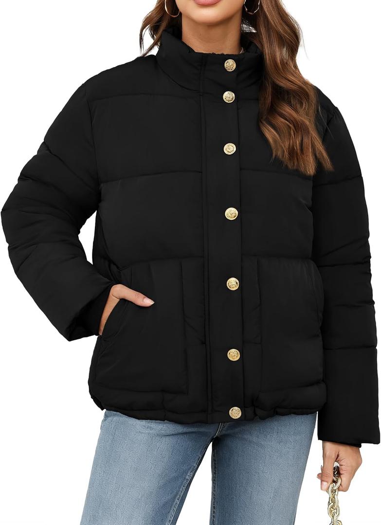Funlingo Women's Cropped Puffer Jacket Winter Stand Collar Zip Up Snap Button Warm Lightweight Short Quilted Coat (Black, S)