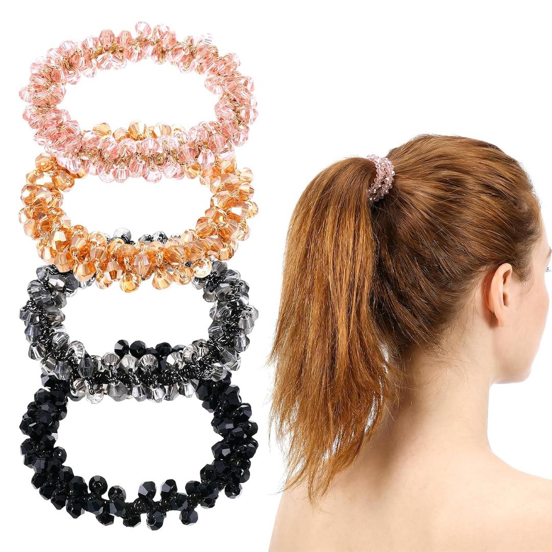 4 Pcs Rhinestone Hair Ties, Sparkly Beaded Scrunchies Crystal Elastic Ponytail Holders Hair Accessories for Women