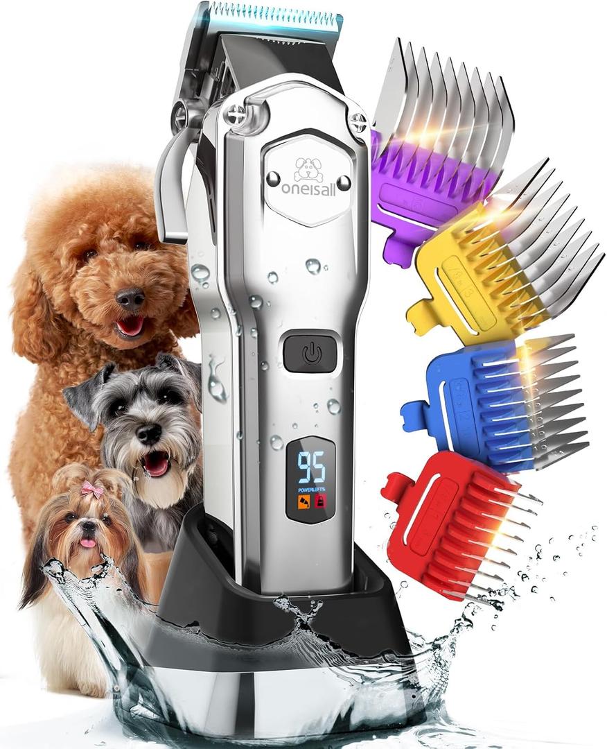 oneisall Pet Clippers for Grooming Professional,Cordless/Rechargeable Dog Grooming Kit with Detachable Metal Combs, Low Noise Heavy-Duty Dog Clippers for Thick/Curly/Fine/Wavy Hair (Sliver)