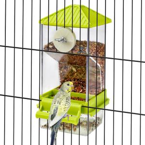 Rypet No Mess Automatic Bird Feeder for Cage,Transparent Acrylic Parrot Seed Feeders,Food Container for Cage,Parrot Feeder Cage Accessories for Small and Medium Lovebirds Parakeets Cockatiel Finch (Transparent A80 Green)