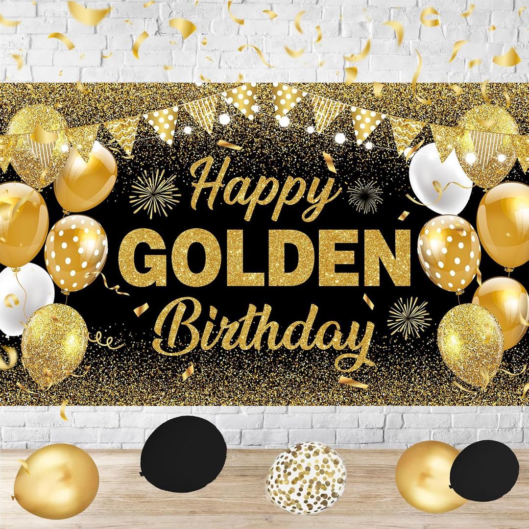 Black & Gold Happy Golden Birthday Banner - Large Happy Birthday Backdrop Decor for Adults - Luxury Golden Party Decorations for 21st, 30th, 40th, 50th, Milestone Celebrations 71x44 Inch