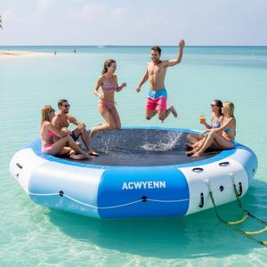 15FT Inflatable Water Trampoline for Lake, Floating Water Trampoline with Rope Ladder and Mooring Ropes Without Pump Blue (15FT Blue-White)