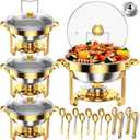 Round Chafing Dishes for Buffet 5 Qt,High Grade Chafing Dish Buffet Set, Full Size Pan,Rolled-Edge Design Food Warmers for Parties,Buffet,Wedding,Birthday,Camping 4 PACK (Gold-Glass)