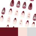 4 x Red Press On Almond French Tip False Nails with Bow Cherry Design Glue On Acrylic Full Cover Stick On Artificial Nails for Women Winter Manicure 24Pcs (Standard, Style-31)