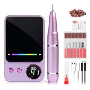Vrenmol Nail Drill Professional: 45000 RPM Electric Nail File Smart Touchscreen Rechargeable Nail Dr Ill Kit Portable Nail Drill with 12 Drill Bits for Acrylic Nail Gel Polishing Removing Efile Salon, Purple Pro