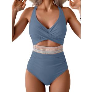 B2prity One Piece Swimsuit for Women Tummy Control V Neck Bathing Suit Color Block High Waisted Cutout Swimwear (Large, Gray Blue)