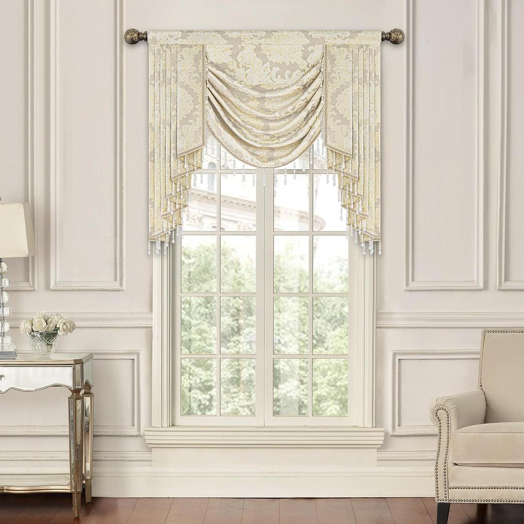 Loom and Mill Luxury Jacquard Waterfall Valance for Living Room, Elegant Damask Swag Window Valances with Beads, Beige Swag Curtains for Bedroom Banquet Holiday Decoration(W39Inch,1 Panel)