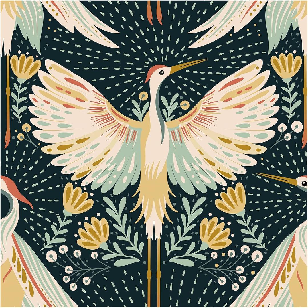 HAOKHOME Crane Wallpaper Peel and Stick Boho Floral Bird Dots Wall Paper Japanese Chinoiserie Dark Green/Beige/Yellow Accent Wall Decor 17.3in x 32.8ft