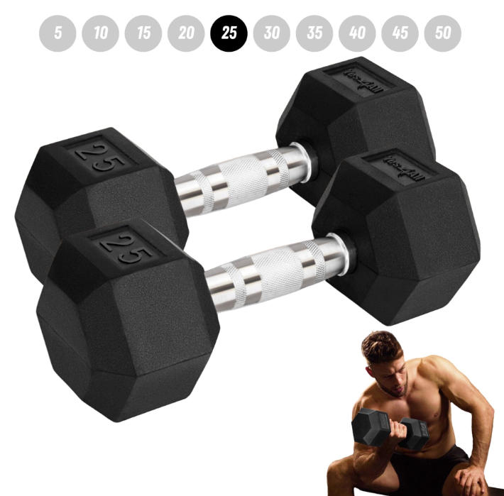 Yes4All Chrome/Rubber Grip Encased Hex Dumbbells – Hand Weights With Anti-Slip 25 LBS Pair