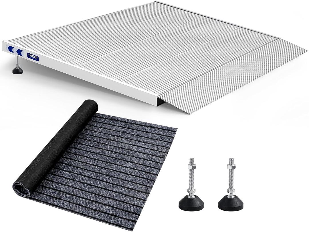 Threshold Ramp for Wheelchairs, 3.4-7.1" Rise and 36"x36" Platform Aluminum Wheelchair Ramp, Door Threshold Ramps with a Non-Slip Thick Door Mat