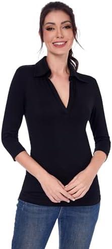 AmélieBoutik Women Collared V Neck 3/4 Sleeve Polo Shirt Small