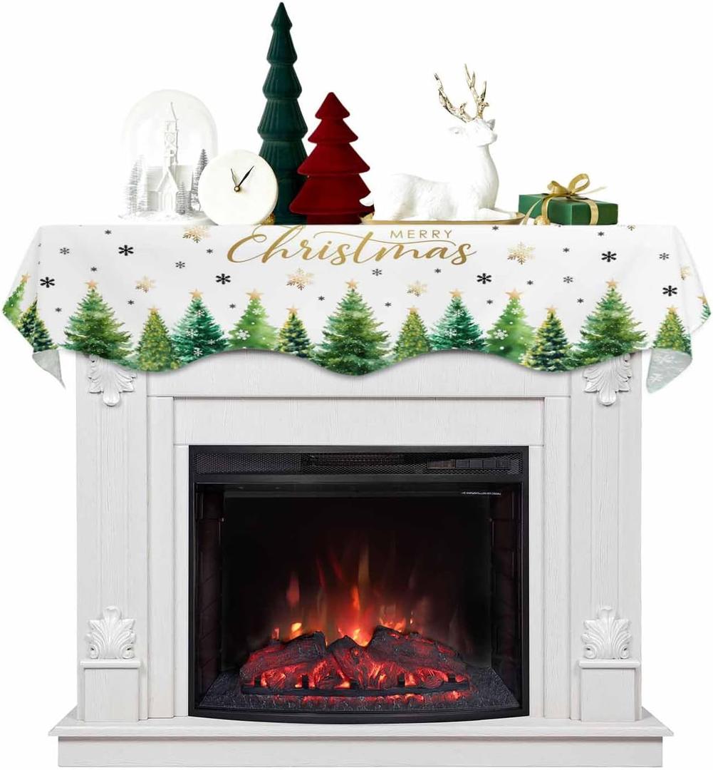 Christmas Mantle Scarf 70x17 Inch, Christmas Tree Fireplace Decorations Winter Xmas Mantel Cover Runner, Xmas Green Tree Snowflake Fireplace Decorations for Living Room