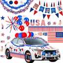 57Pcs 4th of July Parade Car Decoration Kit - Flag, Tinsel Garlands, Banners, Etc - Red White Blue Decor for Patriotic Independence Day Party Favors
