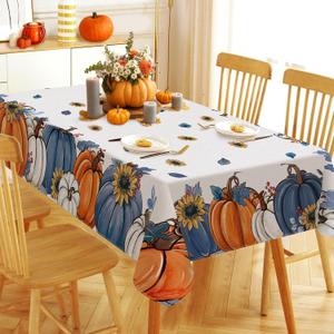 Fall Blue White Pumpkin Rectangle Tablecloth 52 x 70 Inch, Autumn Thanksgiving Decorative Table Cloth Dining Table Cover, Sunflower Seasonal Dinner Party Picnic Decoration