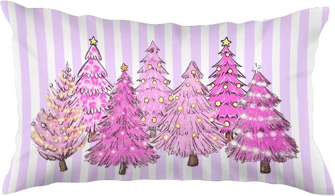 Purple Christmas Tree 12x20 Pillow Cover, Xmas Tree Decor, Preppy Purple Striped Christmas Tree Decorative Lumbar Pillow Covers for Farmhouse Home Bedroom Living Room Sofa Couch