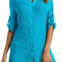 Swimsuit Coverup for Women 2024, V-Neck Beach Button Down Bikini Cover Ups Knee-Above Shirt Tops (Small, Cyan)