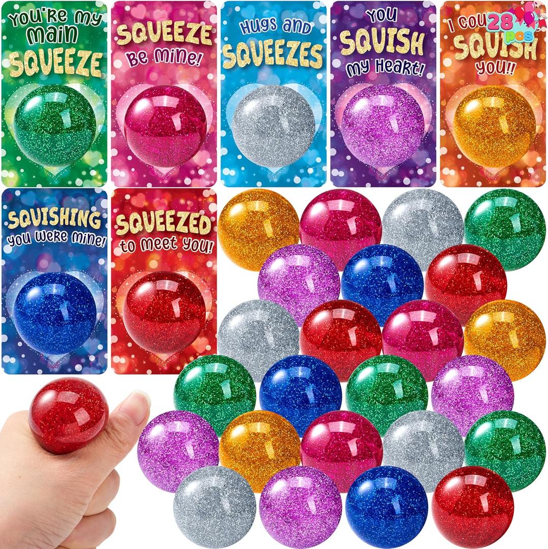 JOYIN 28 Packs Valentines Day Stretchy Balls with Cards, Classroom Exchange Gift for Kids, Valentine's Party Favors, Classroom Holiday Reward Prizes, Stress Relief Stretch Balls