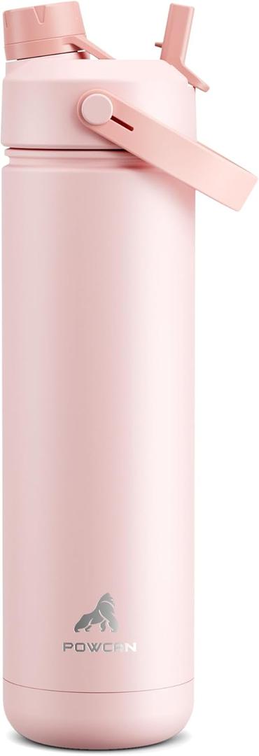 POWCAN 26 oz Insulated Water Bottle with 2-in-1 Straw and Spout Lid, Keep Cold 24H, Leak-Proof, Fits in Car Cup Holder, Stainless Steel Water Bottle for Sports, Travel, and School (Cotton Candy)