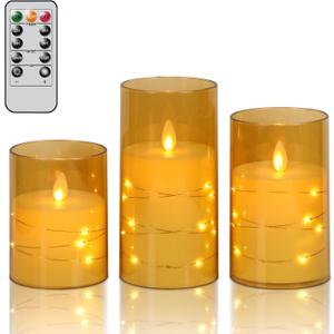 DRomance Gold Glass Flameless Candles String Lights with Remote Timer Moving Wick Battery Operated LED Flickering Pillar Candles Plastic Dinner Wedding Christmas Holiday Decor D3 x H4, 5", 6"