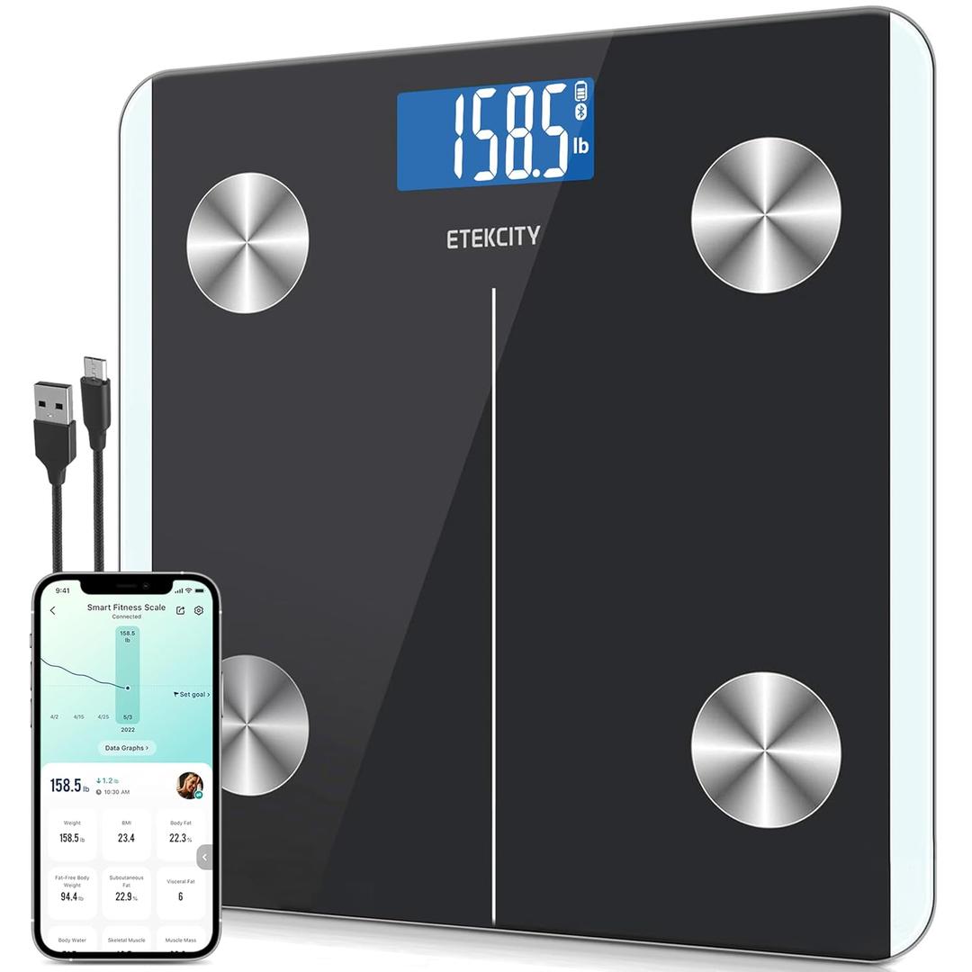 Etekcity Rechargeable Smart Scale for Body Weight, Digital Bathroom Scale with BMI, Body Fat, Muscle Mass, Accurate Weighing Machine for People Sync with Smartphone App, 400lb (11.8 x 11.8 inches)