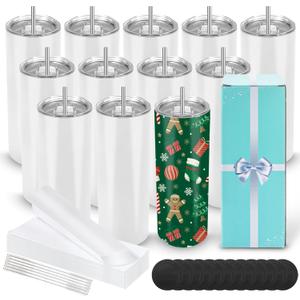 DS 12 Pack Sublimation Tumblers 20 oz Bulk Skinny Straight Flat Bottom Blank Tumbler Cups with Individual Gift Boxed for Heat Transfer DIY Craft