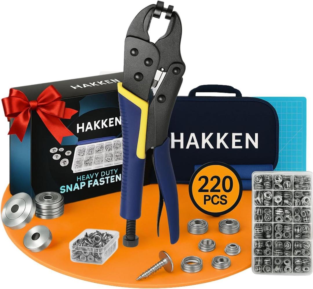 HAKKEN Snap Fastener Tool Kit  Heavy Duty Pliers with 3 Magnetic Dies, 210 Rust-Resistant Stainless Steel Snaps & Storage Box for Marine Canvas, Leather & Upholstery (15mm)