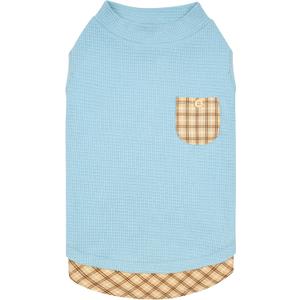 KYEESE Waffle Dog Shirt, Blue, L-Chest(18), Soft Stretchy, Lightweight, Breathable, Sleeveless, Plaid Patchwork, Small Breeds, Round Neck