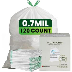 ValueGuard Large Trash Bag 13 Gallon Tall Drawstring 100% Post Consumer Recycled Garbage Bag Waste Bag for Kitchen Office, 120 Count