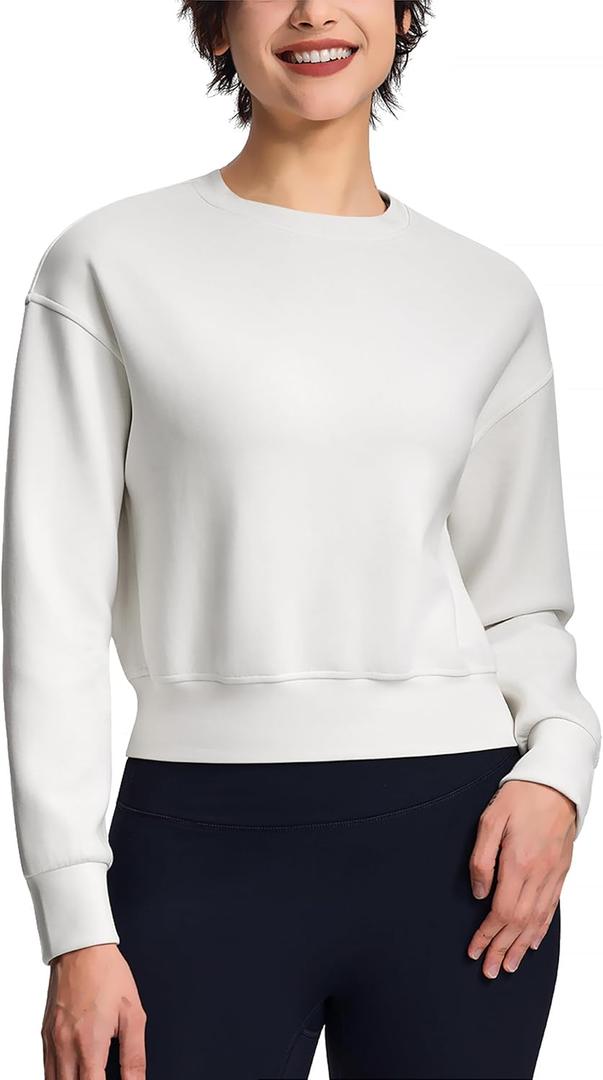 Modal Soft Cropped Sweatshirts for Women Long Sleeve Crew Neck Pullover Crop Top (Small, White)