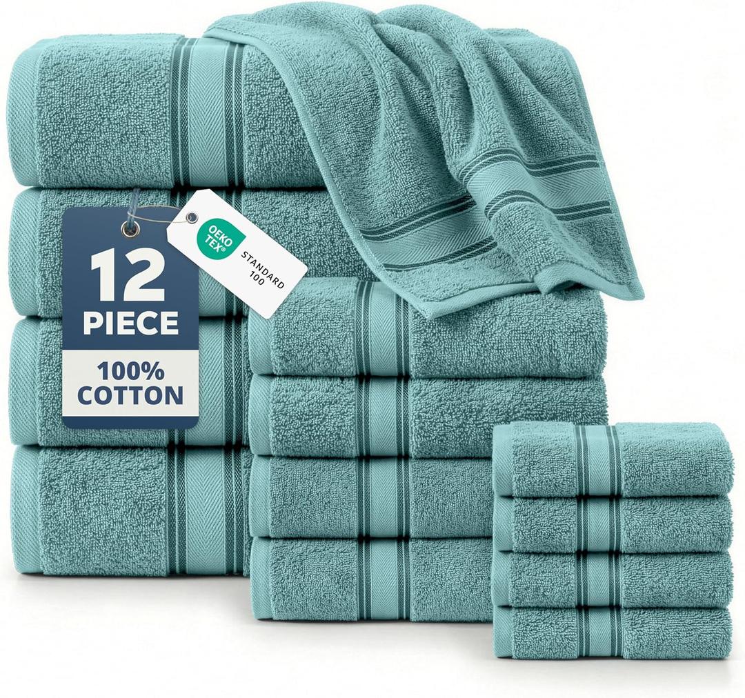 LANE LINEN Towels for Bathroom  12 Pack, 100% Cotton Towel Sets, Zero Twist, 4 Bath, 4 Hand Towel & 4 Wash Cloths, Highly Absorbent, Luxury Hotel & Spa Quality, Machine Washable  Teal